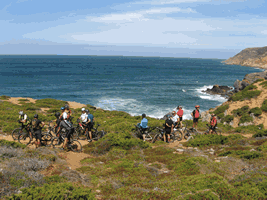fotos diversas dos ciclistas a verem o mar quando descem para a praia do abano