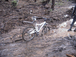 fotos diversas da biciclta afundada na lama at� ao eixo